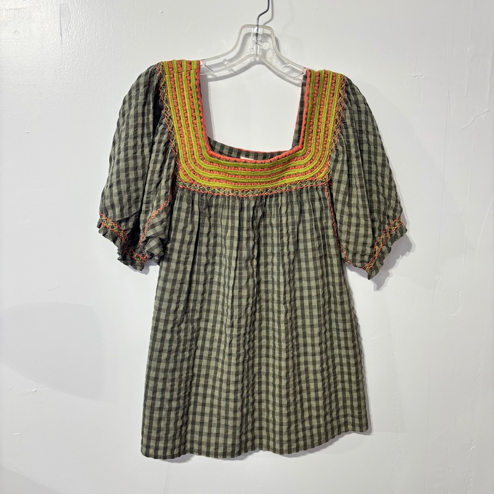 Sister Mary Gingham Embroidered Square Neck Puff Sleeve Mini Dress
